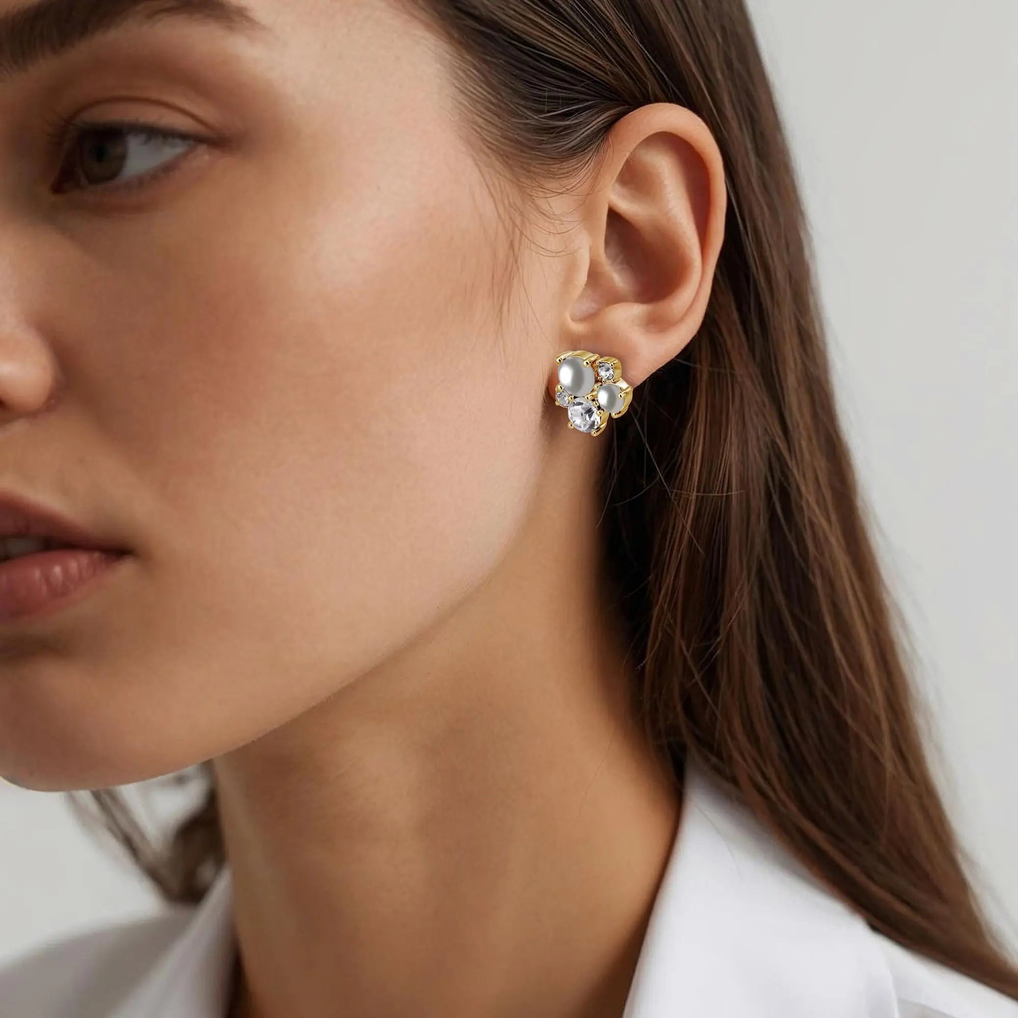 Minnie Gold Stud Earrings, Crystal / White Pearl Dyrberg/Kern NZ