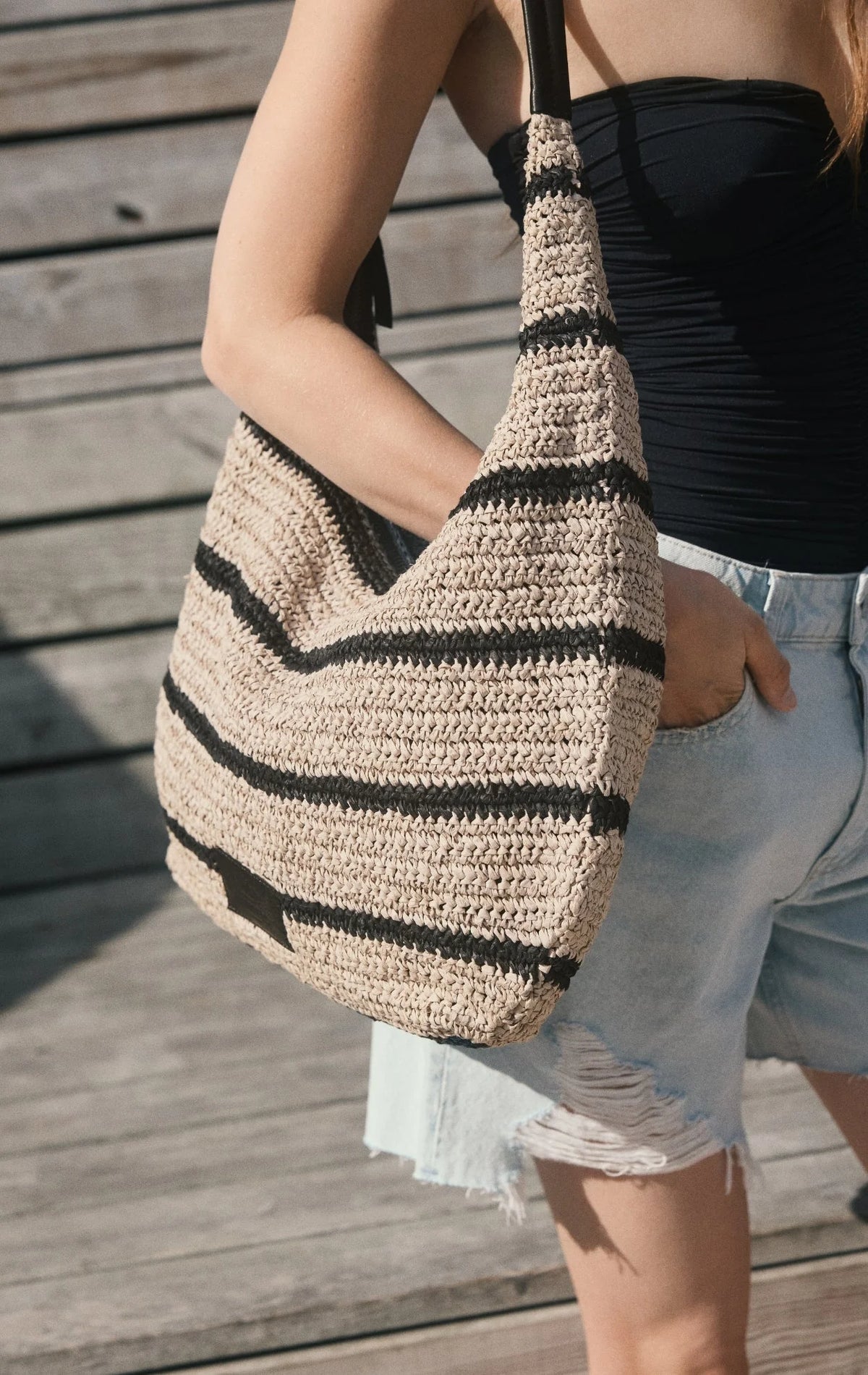 Solea Bag, Raffia - Natural/ Black mix
