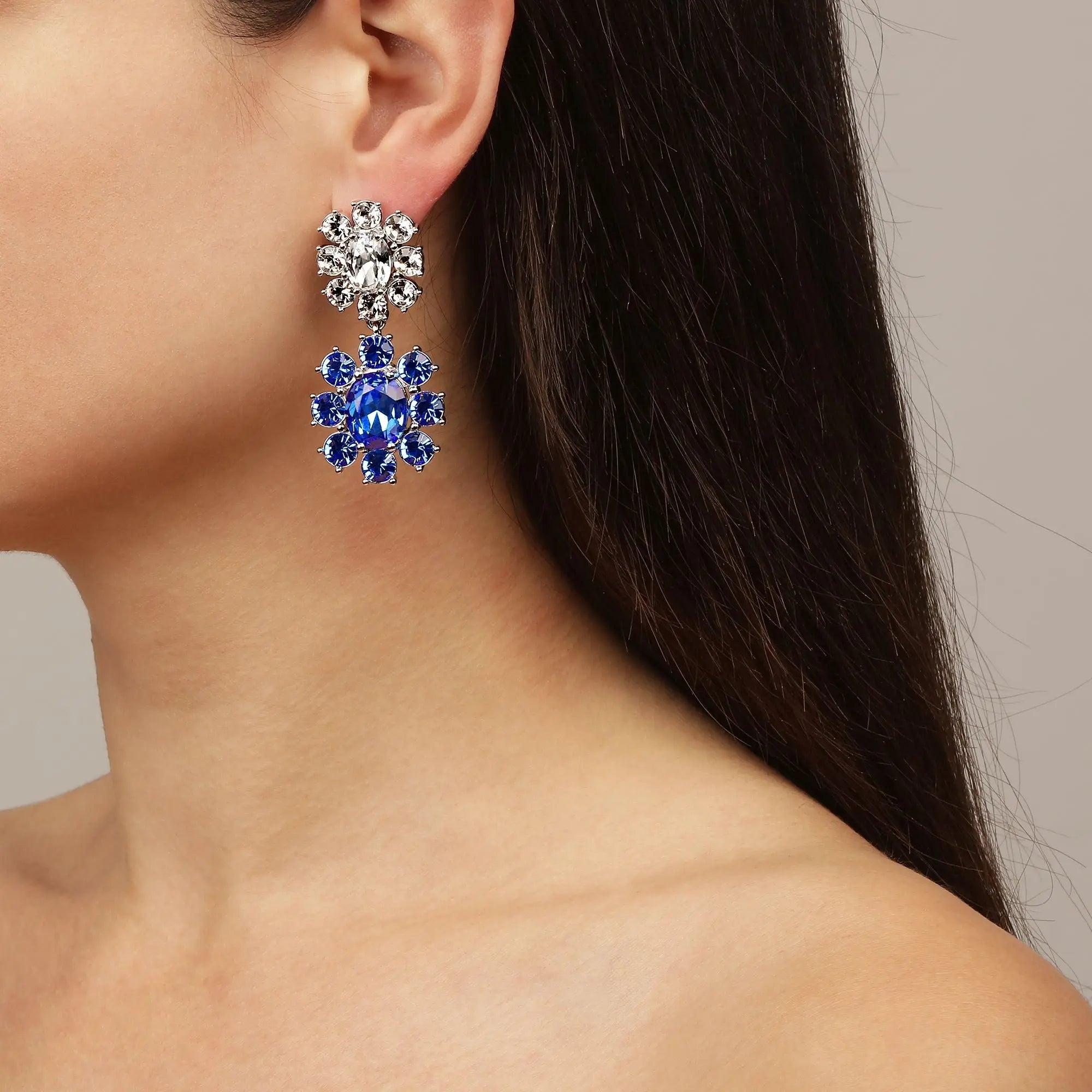 Lina Shiny Silver Earrings - Sapphire / Crystal - Dyrberg/Kern NZ