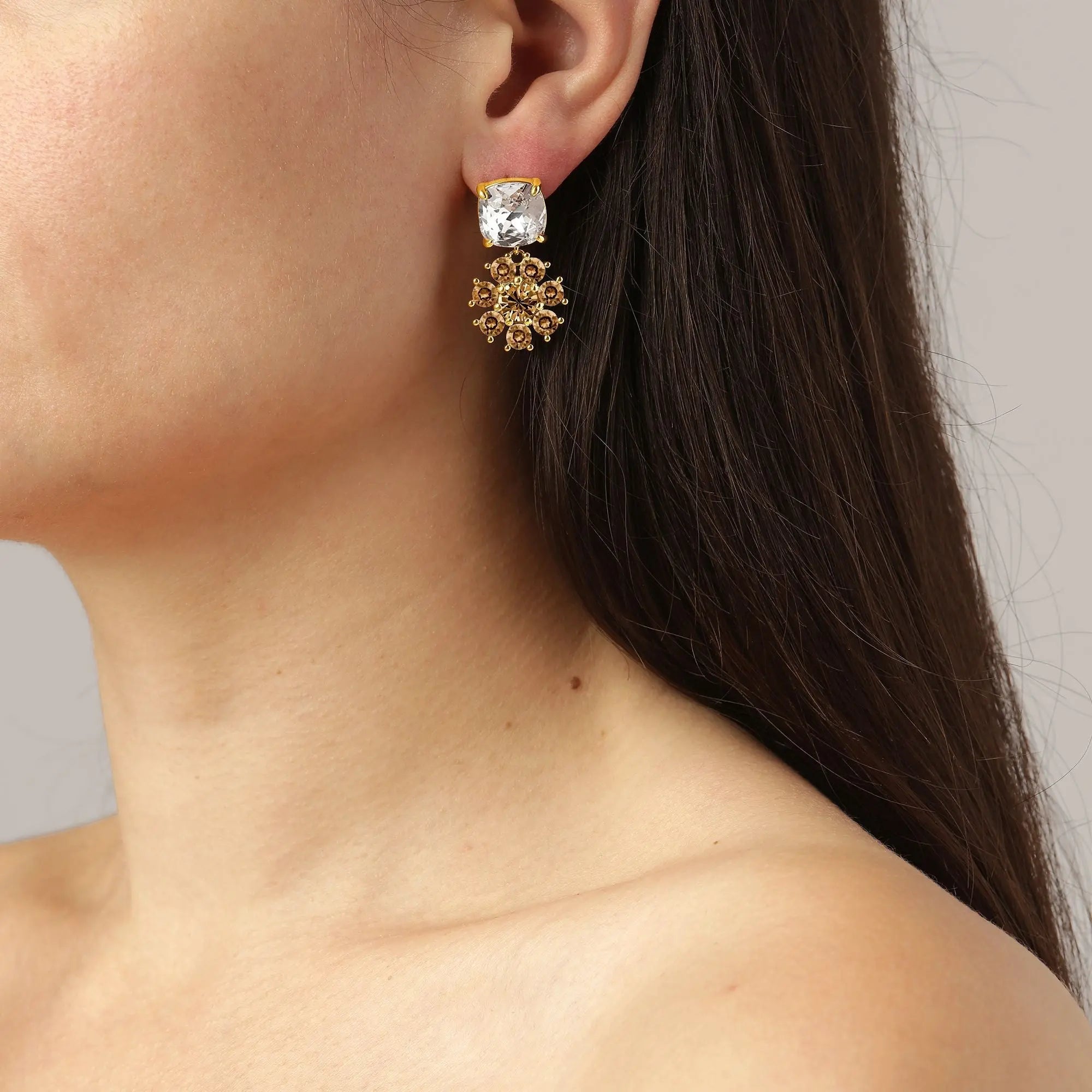 Poppy Gold Earrings - Brown / Crystal - Dyrberg/Kern NZ