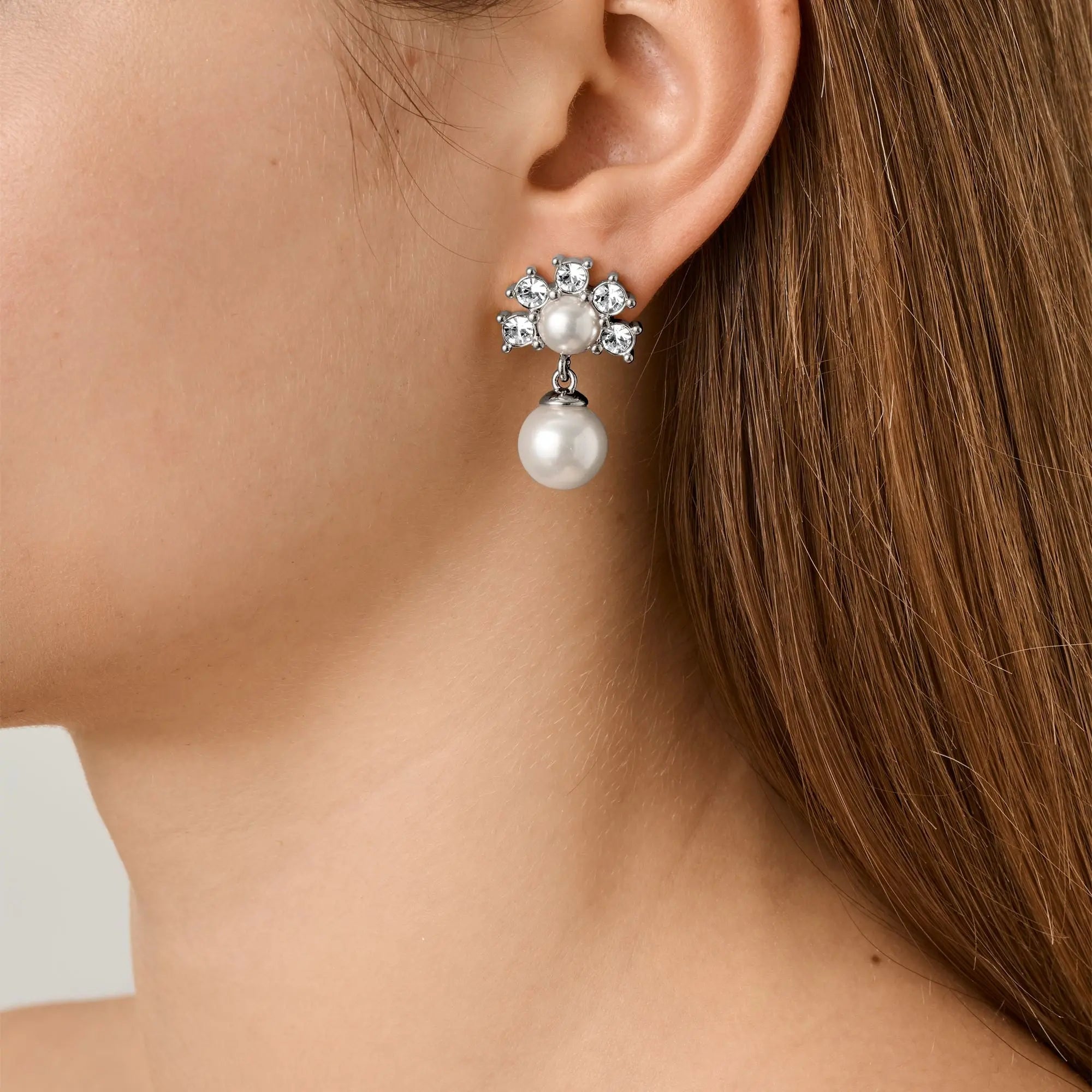 Veronica Shiny Silver Earrings - Crystal /White Pearl - Dyrberg/Kern NZ