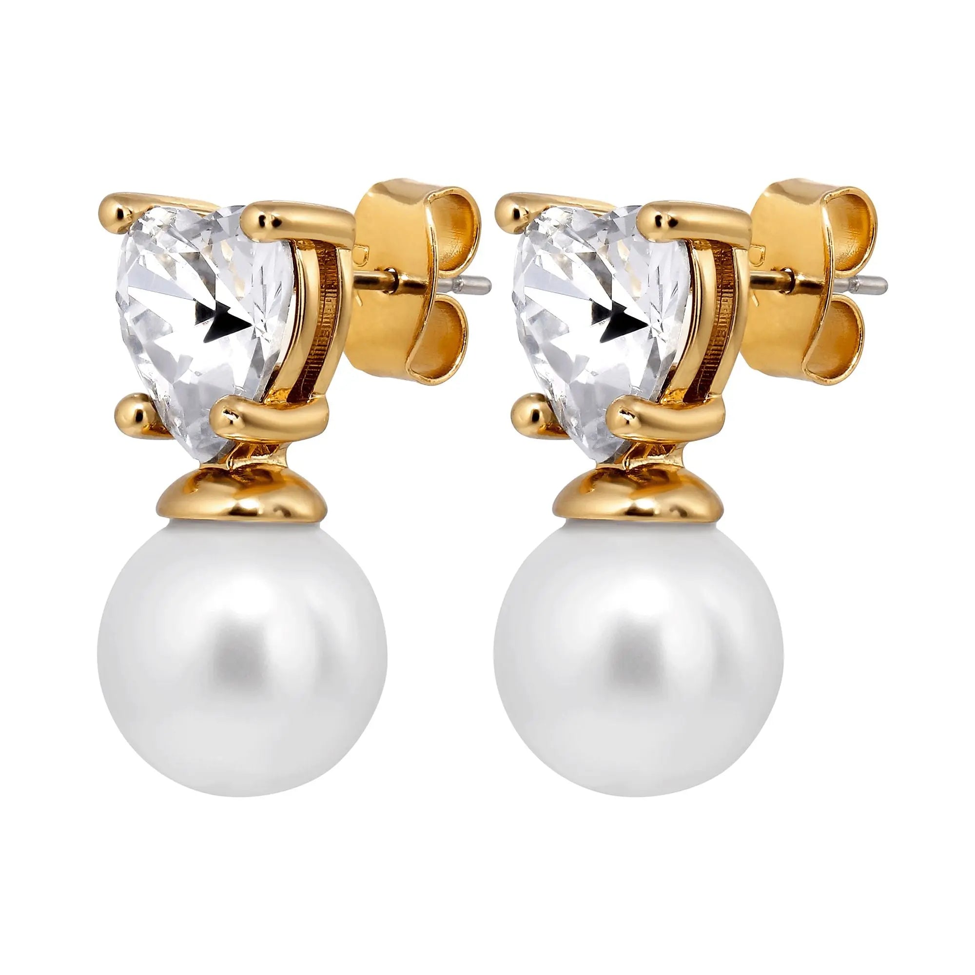 Stud earrings with heart shaped crystal and pearl drop