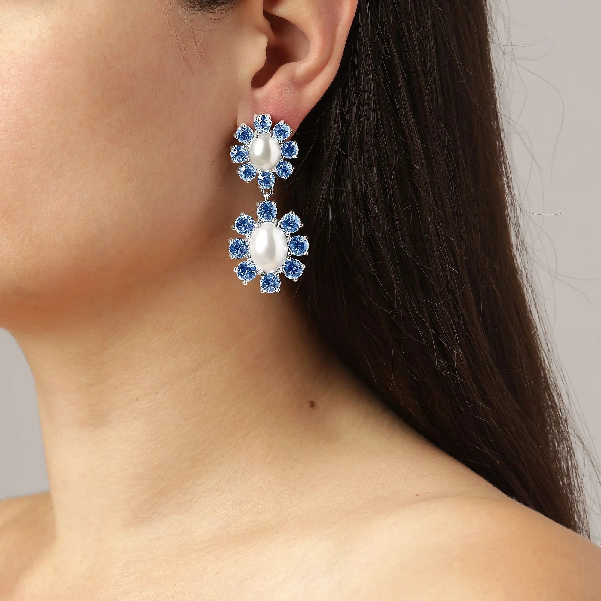 Lina Shiny Silver Earrings - Light Sapphire / Crystal - Dyrberg/Kern NZ